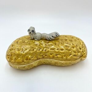 Vintage 1970s Ceramic Peanut Shaped Nut & Candy Dish With Gray Squirrel On Lid